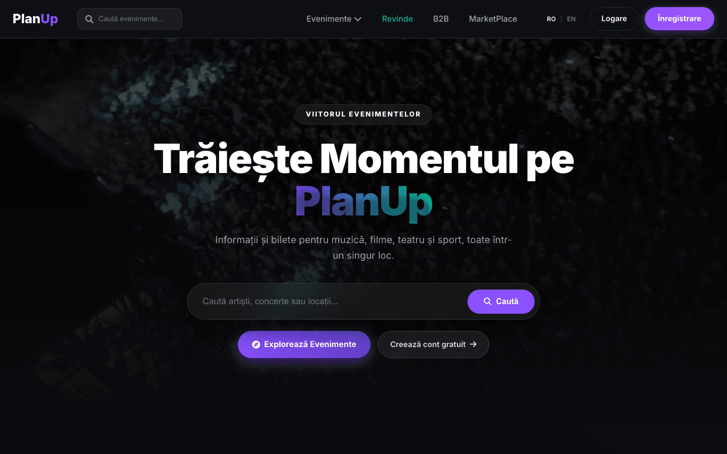 The PlanUp homepage on desktop, with the event search bar and the “Explore Events” button