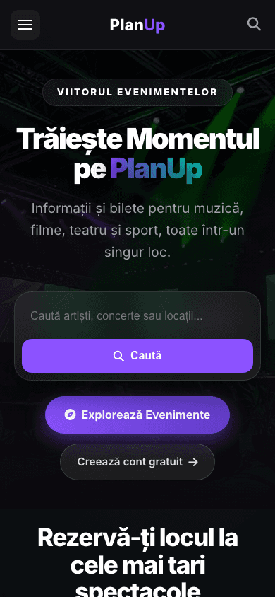 The PlanUp homepage on mobile, with the event search bar